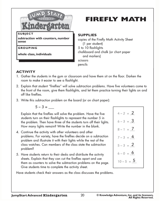 Firefly Math - Subtraction Activity for Kindergarten