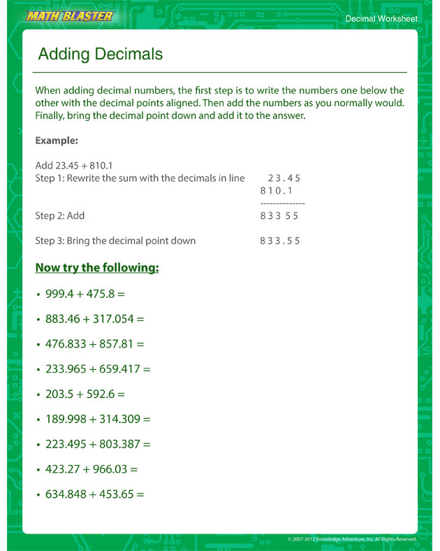 Adding Decimals - Decimal Worksheet for Kids