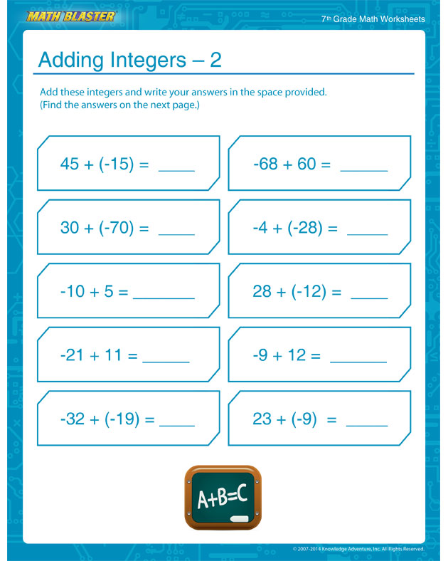 Adding Integers – 2 - Integer Addition Worksheets for Middle School