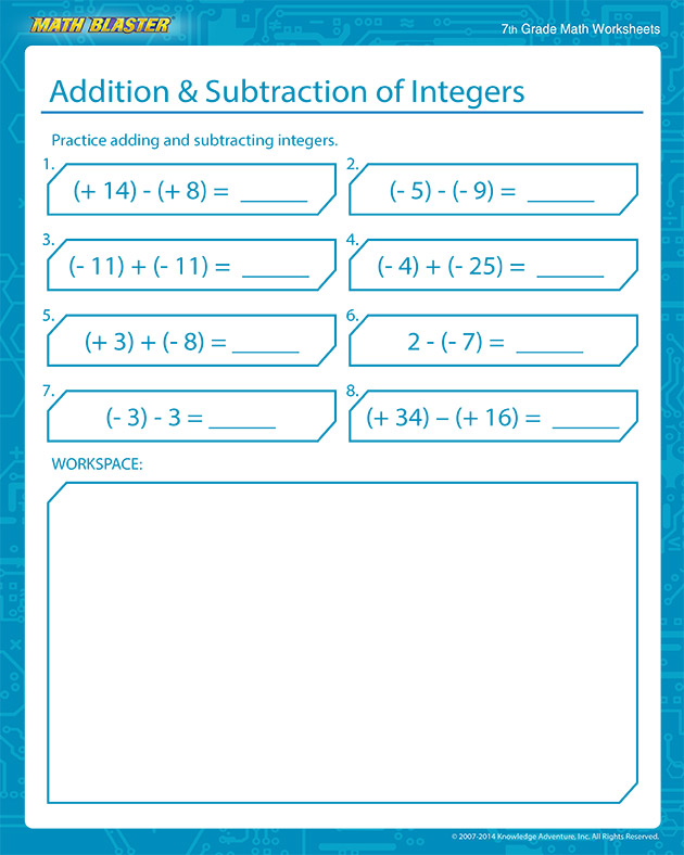 Addition and Subtraction of Integers - Free Integers Worksheets for Middle School