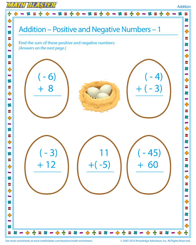 Addition - Positive and Negative Numbers – 1 - Algebra Worksheet for Children