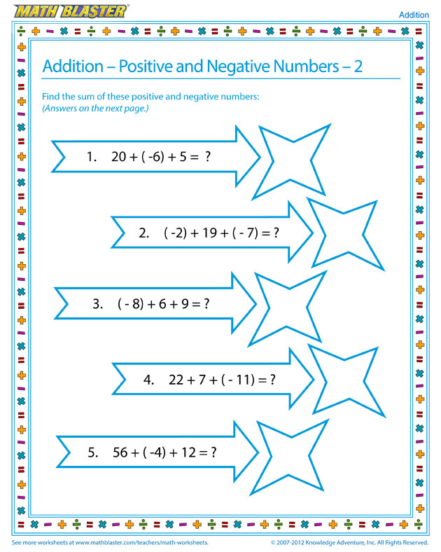 Addition - Positive and Negative Numbers – 2 - Printable Algebra Worksheet for Children Online