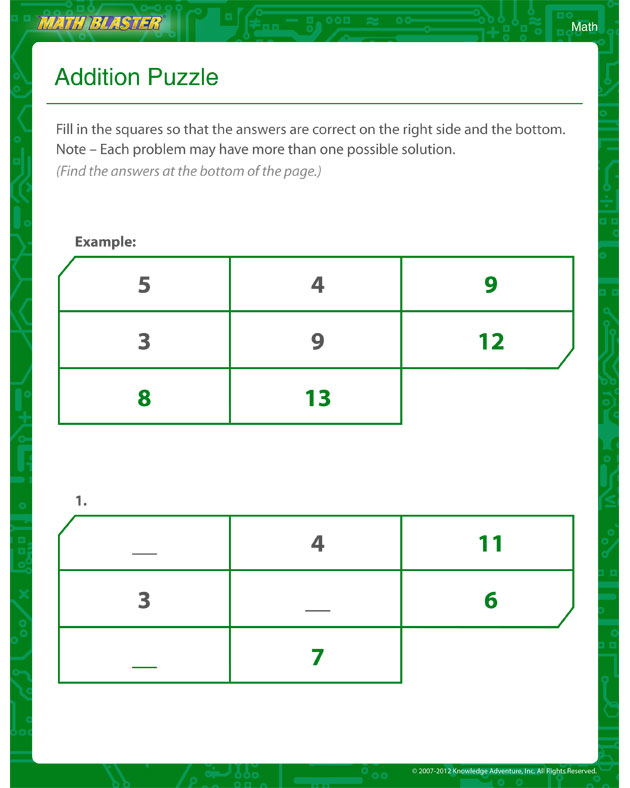 Addition Puzzle - Addition Worksheet for Kids