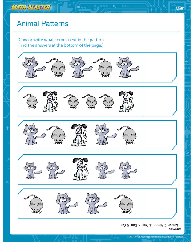 Animal Patterns - Pattern Worksheet for 1st Graders