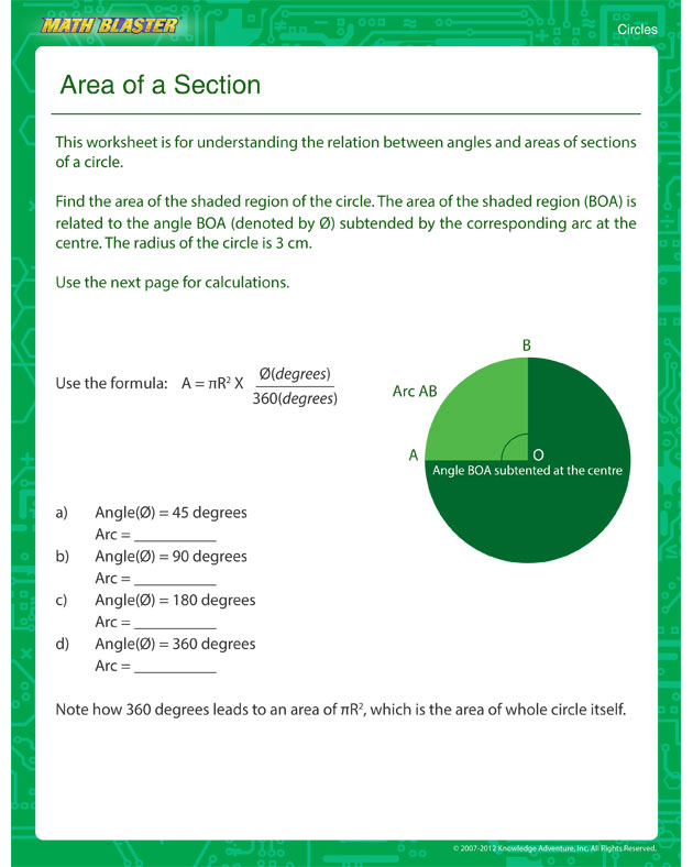 Area of a Section - Circle Worksheets for 5th Graders