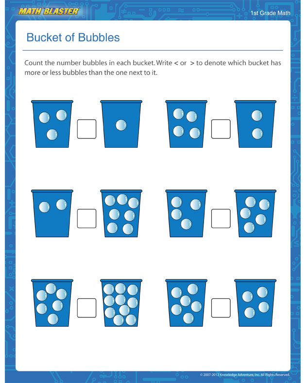 Bucket of Bubbles - Counting Worksheet for 1st Graders