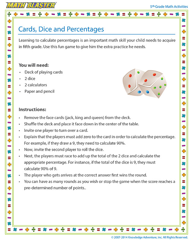 Cards, Dice and Percentages - Online 5th Grade percentages Activity for Children
