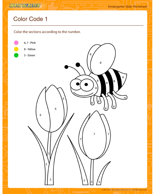 Color Code 1 - Math Worksheet for Kindergarten