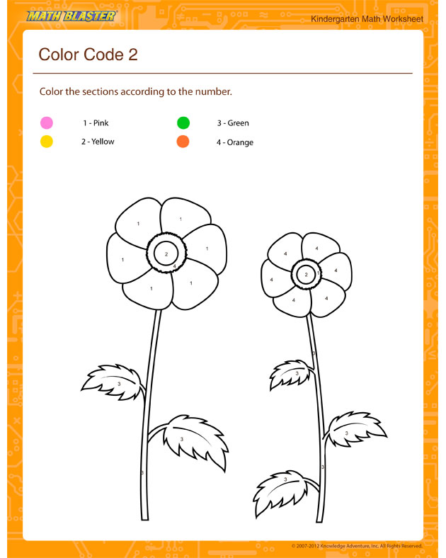 Color Code 2 - Math Worksheet for Kindergarten