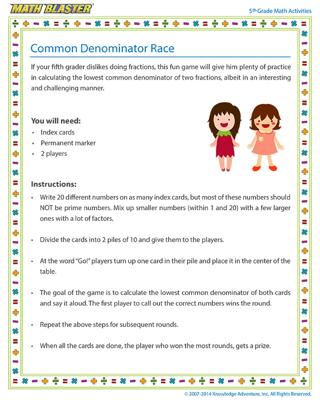 Common Denominator Race - Online 5th Grade Arithmetic Activity for Children