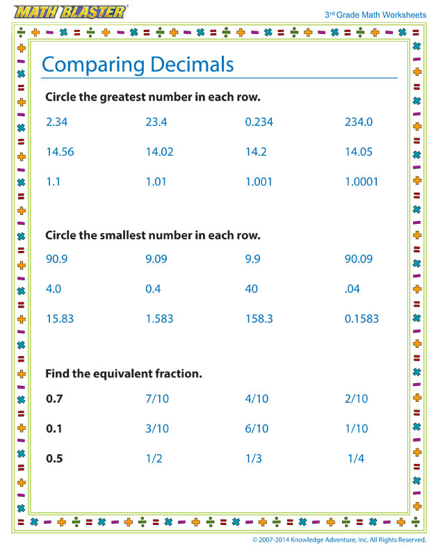 Comparing Decimals! - Free Printable Math Worksheet for 3rd Grade