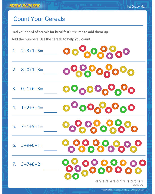 Count Your Cereals - Addition Worksheet for 1st Graders