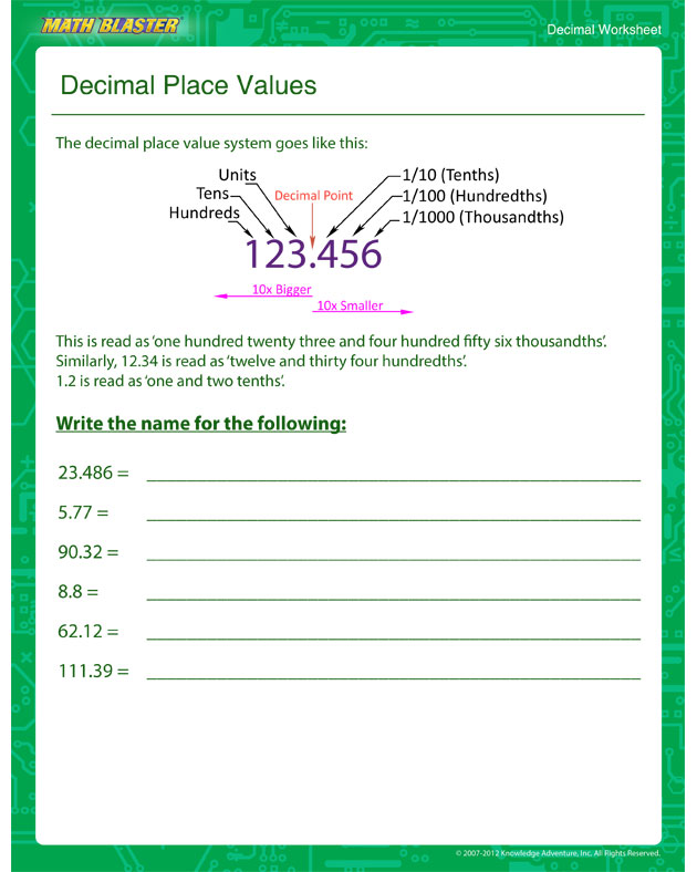 Decimal Place Values - Decimal Worksheet for Kids