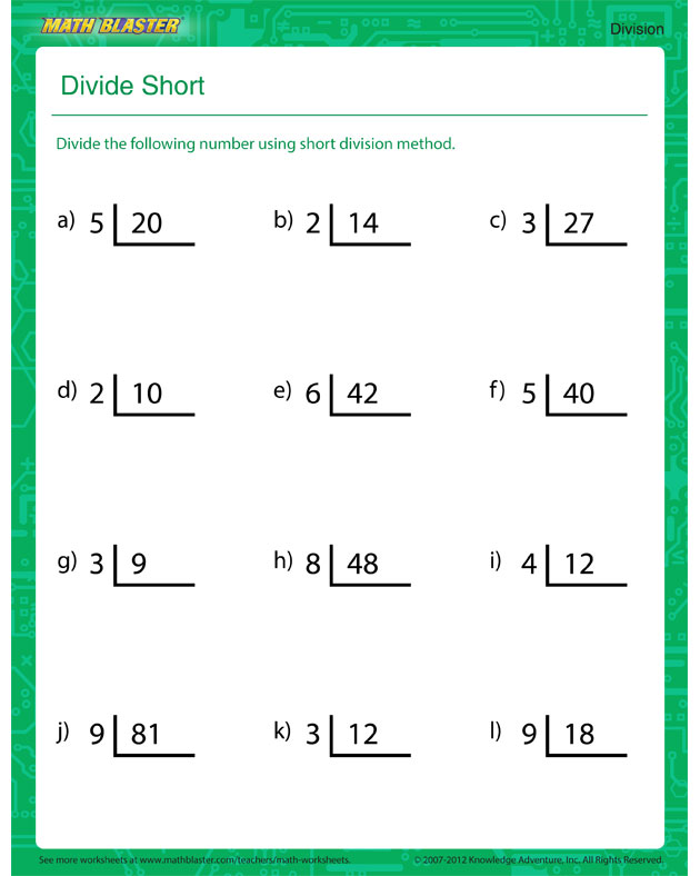 Divide Short - Free Math Worksheet for Kids