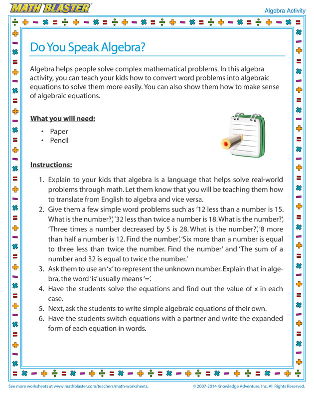 Do You Speak Algebra? - Algebra Activity for Kids