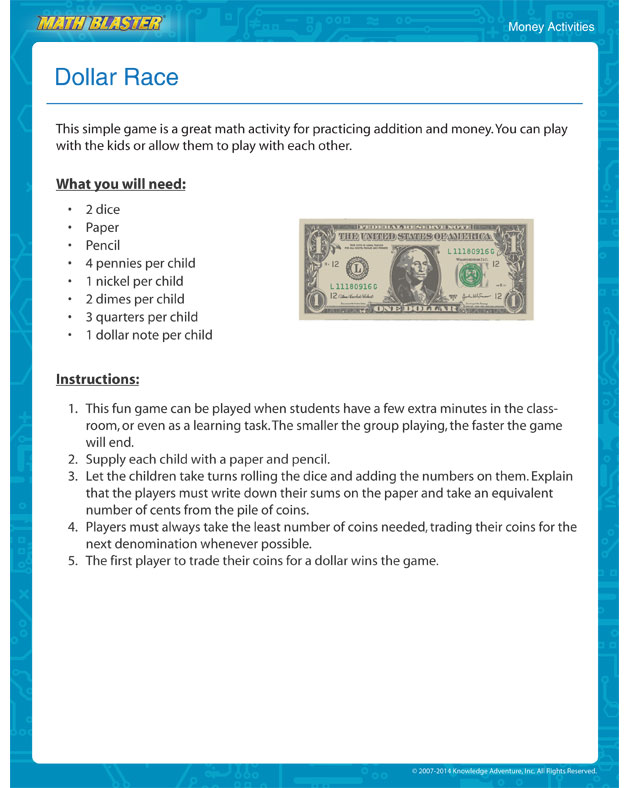 Dollar Race -  Money Activity for Children
