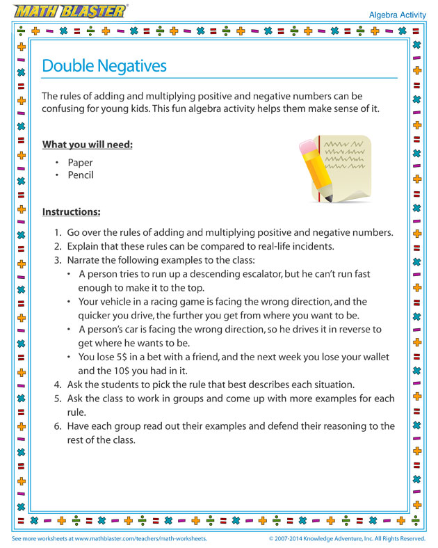 Double Negatives - Algebra Activity for Kids