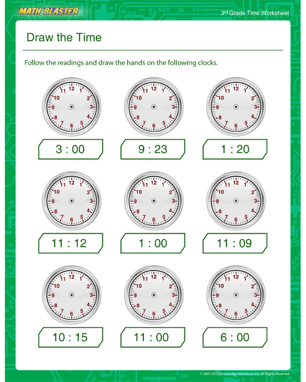 Draw the Time – Time Worksheet for Kids - Math Blaster