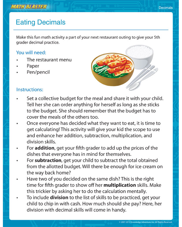 Eating Decimals - Free Printable 5th Grade Math Activity
