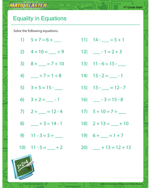 Equality in Equations – Equation Worksheet for Kids - Math Blaster