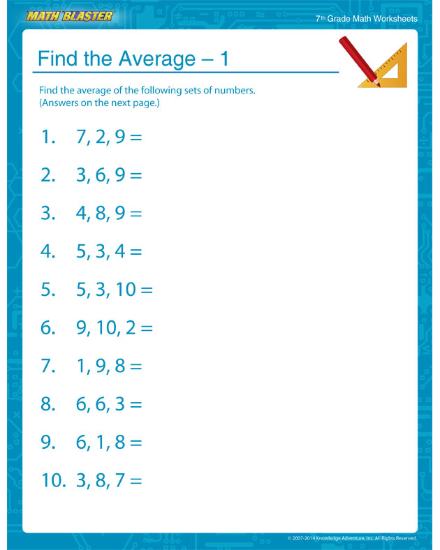 Find the Average – 1 - 7th Grade Statistics Worksheet and Printable
