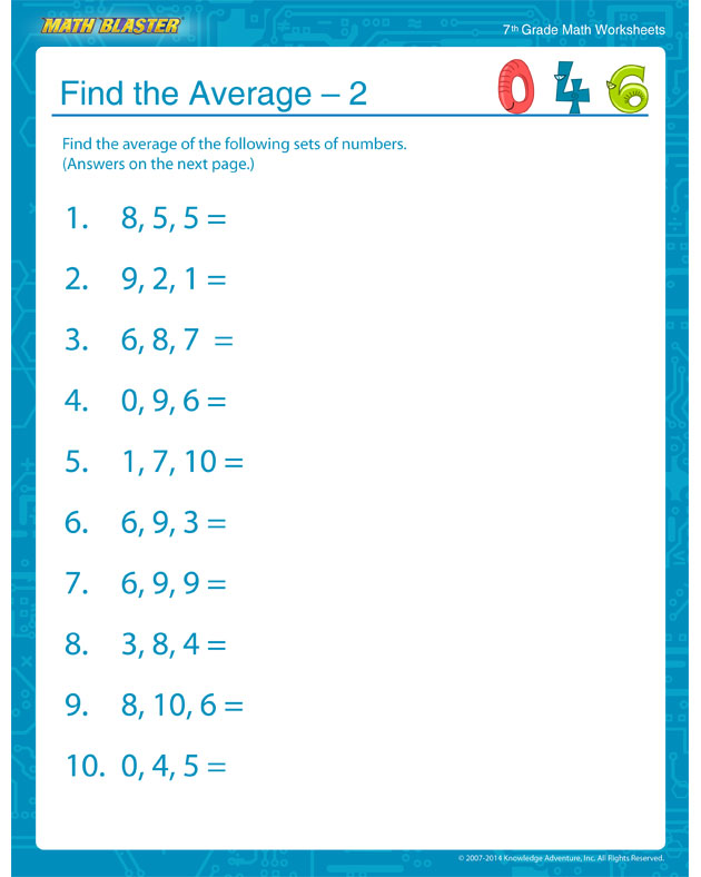 Find the Average – 2 - 7th Grade Statistics Worksheets Online
