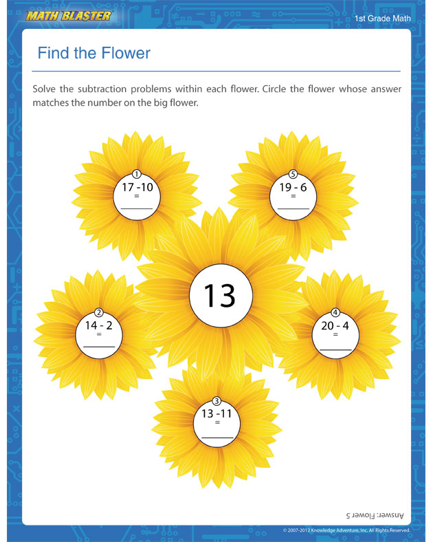 Find the Flower - Subtraction Worksheet for 1st Graders