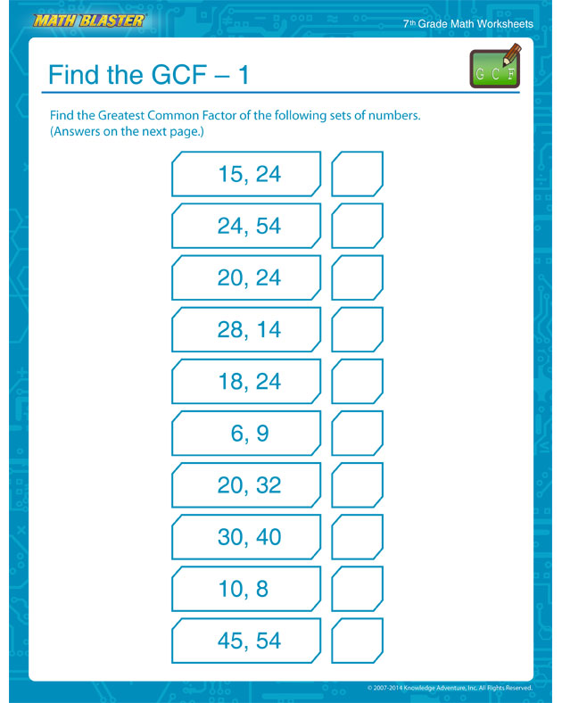 Find the GCF – 1 - 7th Grade GCF Worksheets