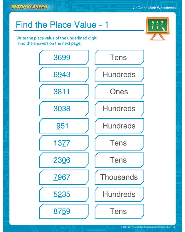 Find the Place Value – 1 - 7th Grade Math Worksheet to Teach Place Values
