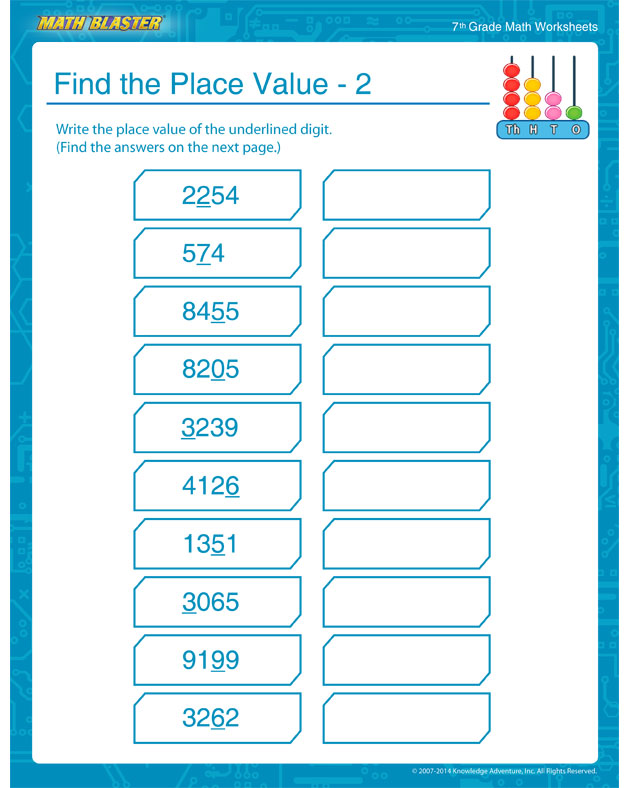 Find the Place Value – 2 - 7th Grade Place Values Worksheet and Printable