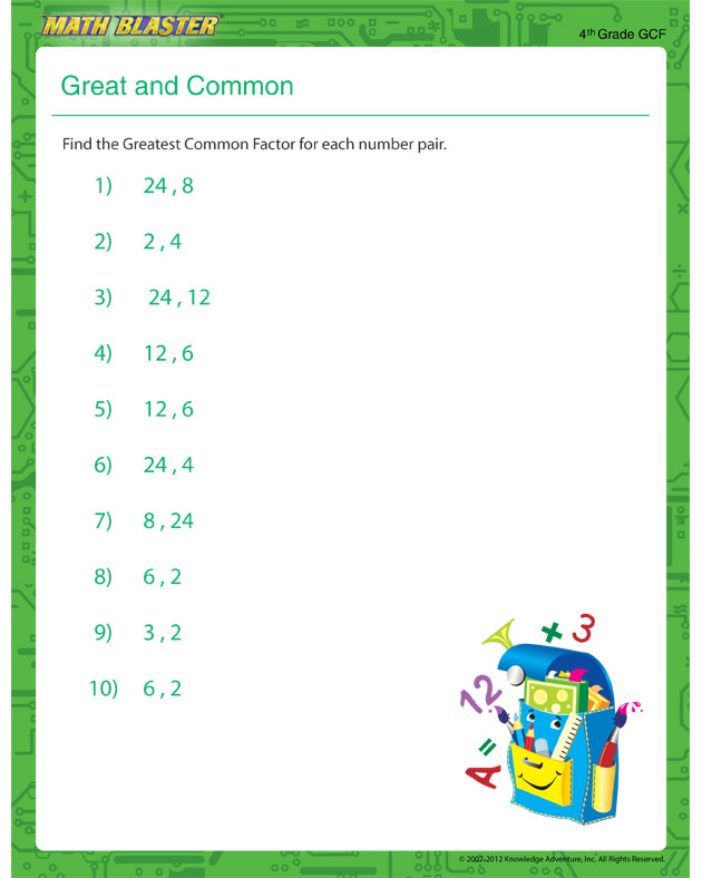 Great and Common – GCF Worksheet for Kids - Math Blaster