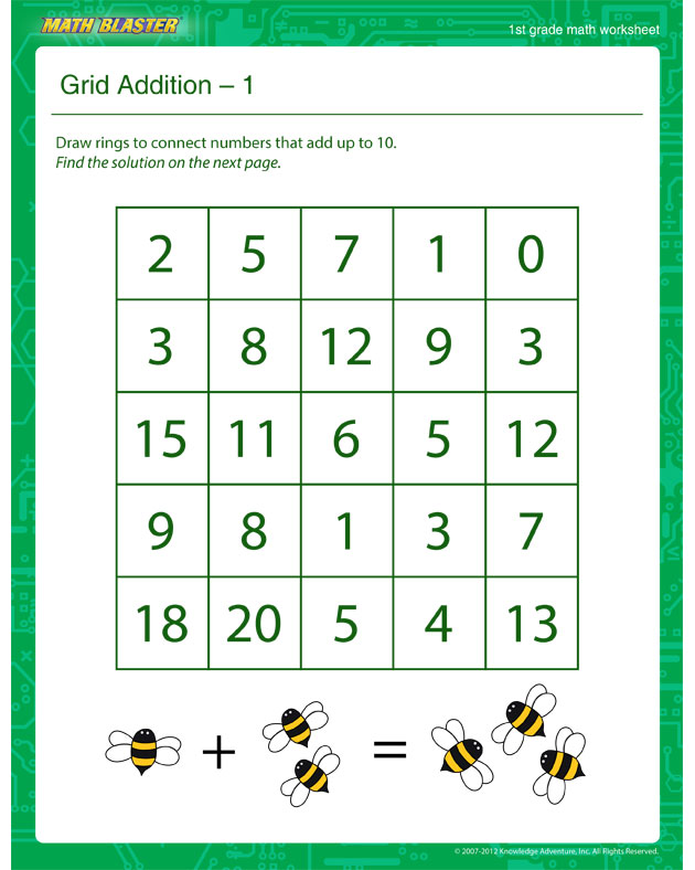 Grid Addition – 1 - Math Worksheet for 1st Graders