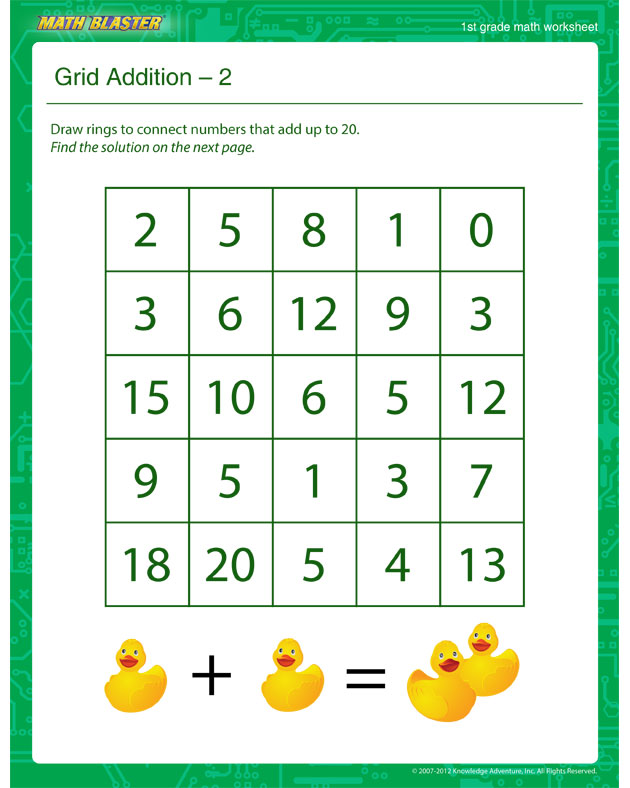 Grid Addition – 2 - Math Worksheet for 1st Graders
