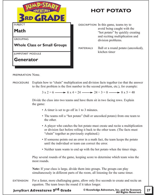 Hot Potato - Math Worksheet for 3rd Graders