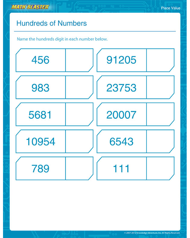 Hundreds of Numbers - Math Worksheet for Third Grade