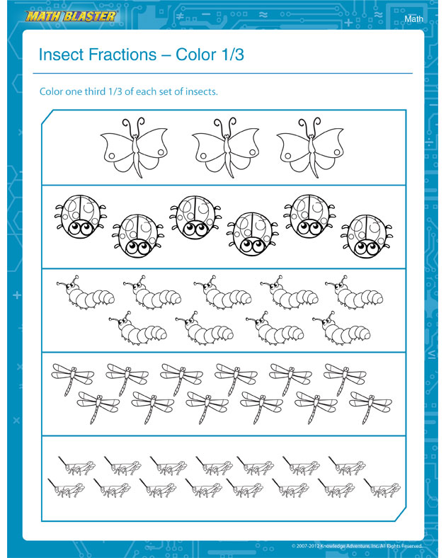 Insect Fractions – Color One Third - Fraction Worksheet for 1st Grade