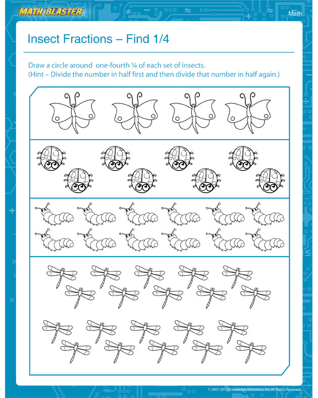 Insect Fractions – Find One Fourth - Fractions Worksheet for First Grade