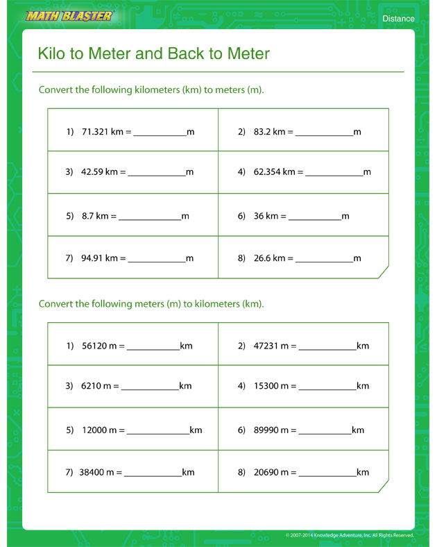 Kilo to Meter and Back to Kilo - Distance worksheet