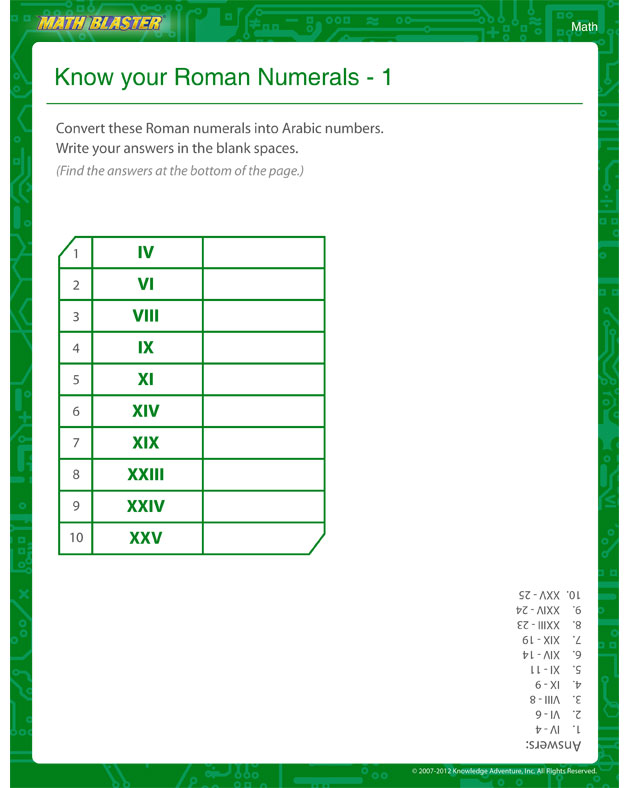 Know your Roman Numerals 1 - Math Worksheet for 4th Grade