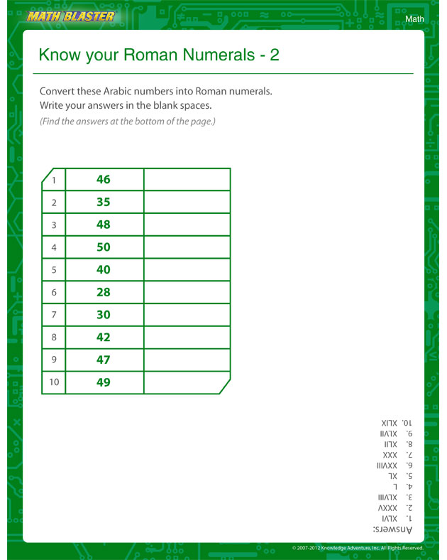 Know your Roman Numerals 2 - Math Worksheet for Kids