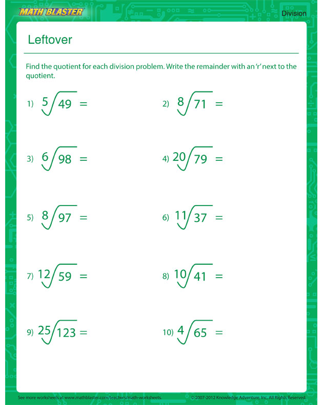 Leftover - division PDF for kids