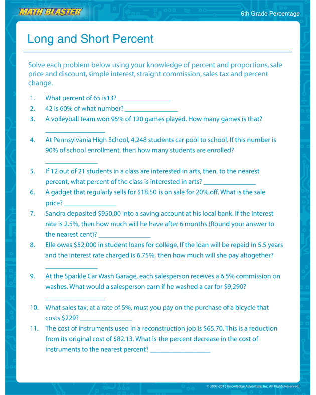 Long and Short Percent – Percentage Worksheet for Kids - Math Blaster