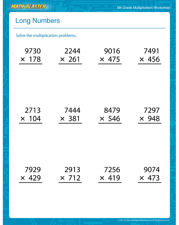 Long Numbers - Multiplication Worksheet for 3rd Graders