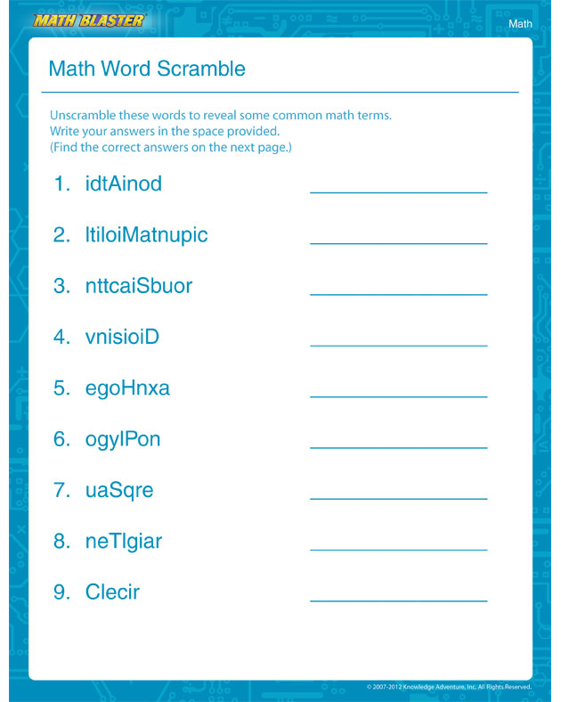Math Word Scramble - Math Worksheet for 1st Graders