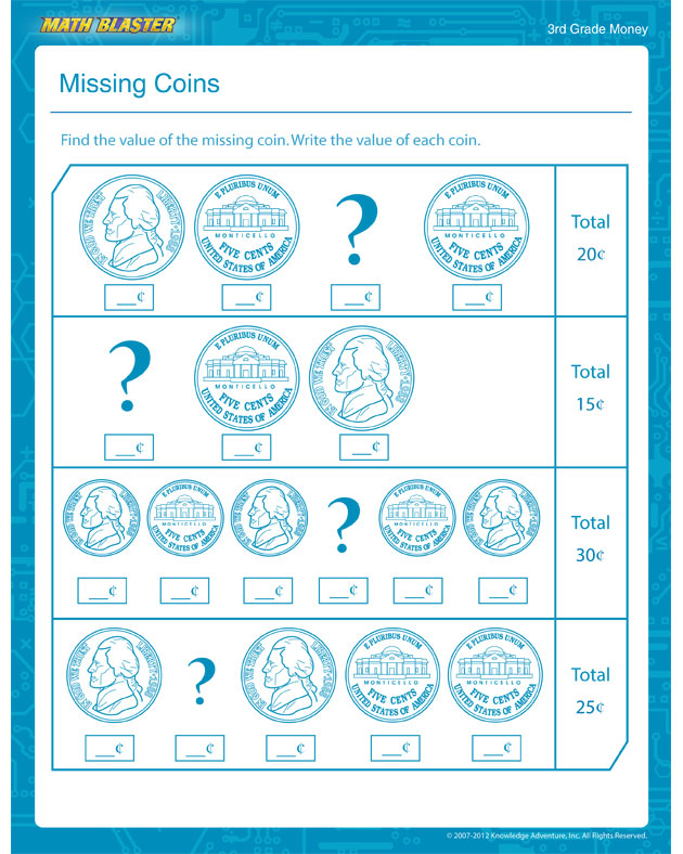 Missing Coins - Free Math Worksheet for 3rd Grade