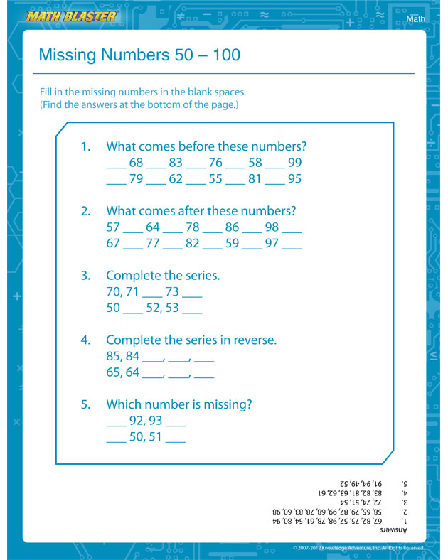 Missing Numbers 50 - 100 - Math Worksheet for Kids