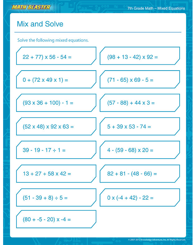 Mix and Solve - Free Math Worksheet for 7th Grade