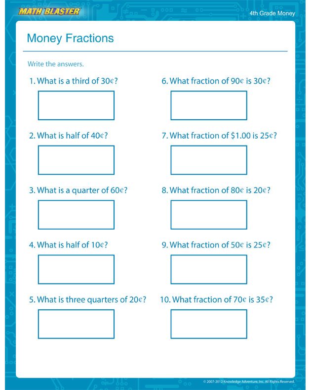 Money Fractions - Free Math Worksheet for 3rd Grade