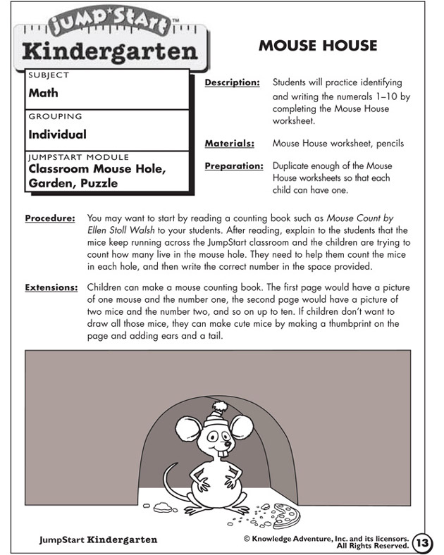 Mouse House - Counting Worksheet for Kindergarten