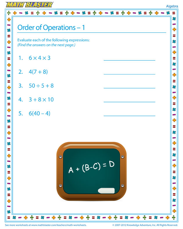 Order of Operations – 1 - Fun Algebra Worksheet for Elementary Grades